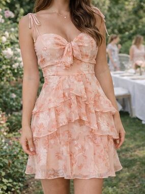 Floral Peach Ruffle Mini Dress Size 0 Chiffon Bridal Shower Garden Party